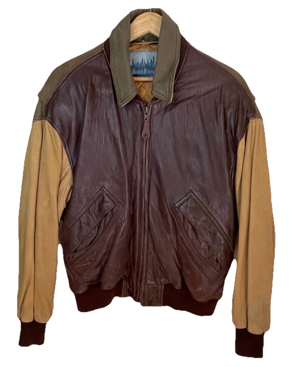 VTG 80s Streetwear Brown Tan Leather Suede 3 Tone Bomber Aviator Jacket Men 42